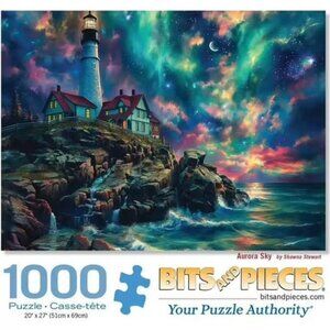 Bits and Pieces Jigsaw Puzzle Aurora Sky Northern Lights Lighthouse.